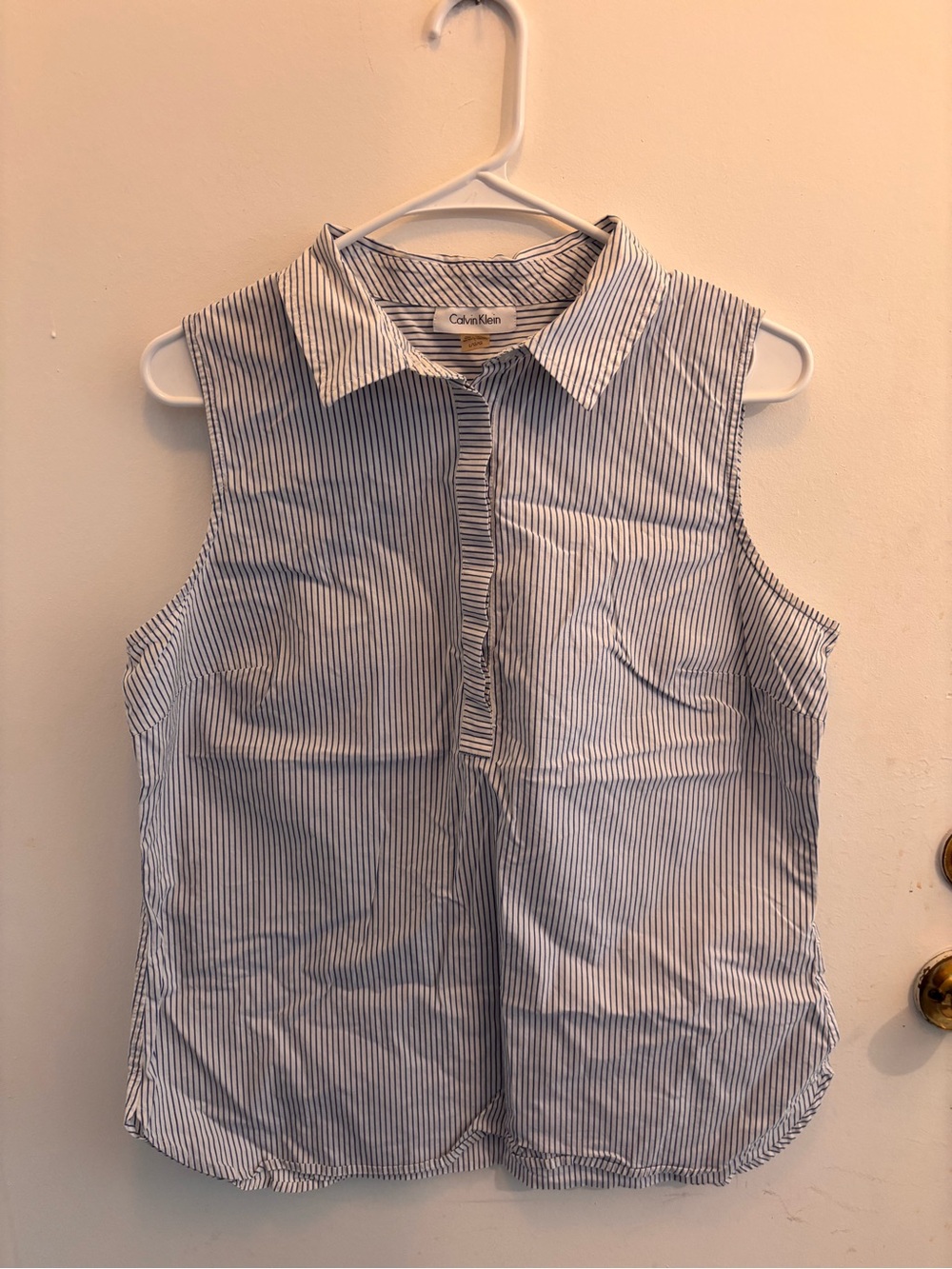 Calvin Klein Blue & White Striped Sleeveless Button-Front Top